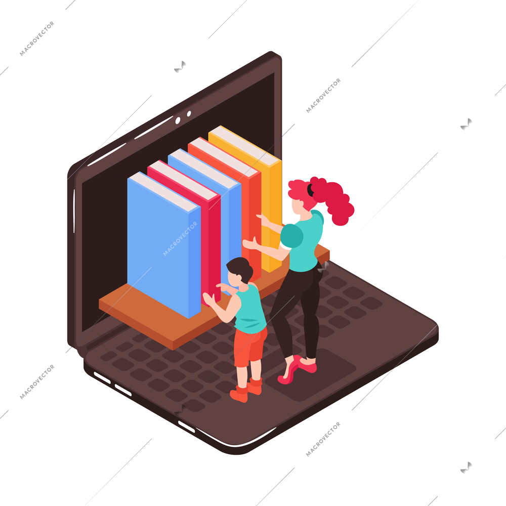 Isometric family homeschooling composition with laptop bookshelf and mother with child vector illustration