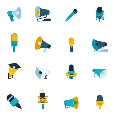 Microphone and megaphone vintage sound audio communication equipment flat icon set isolated vector illustration