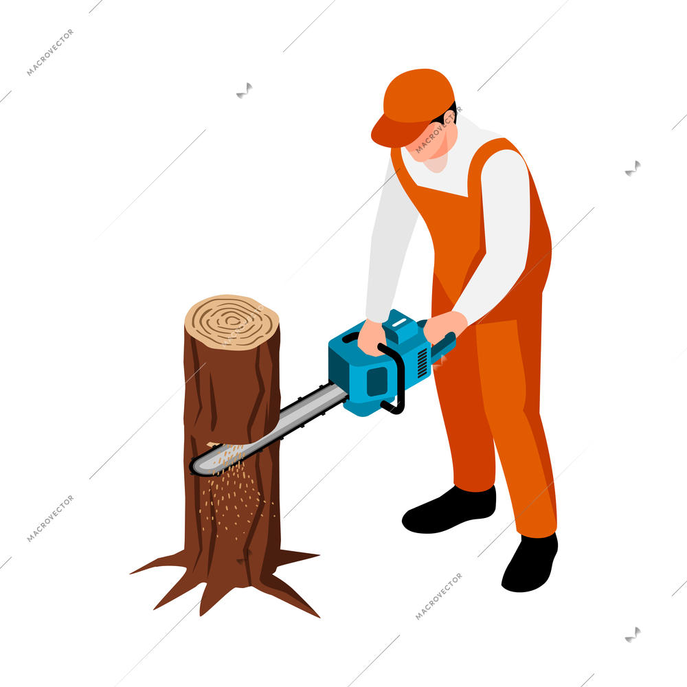 Isometric sawmill woodworking carpentry factory composition with worker sawing off tree trunk with chainsaw vector illustration