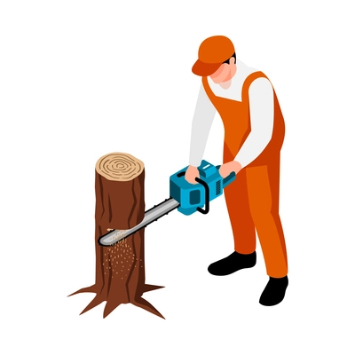 Isometric sawmill woodworking carpentry factory composition with worker sawing off tree trunk with chainsaw vector illustration