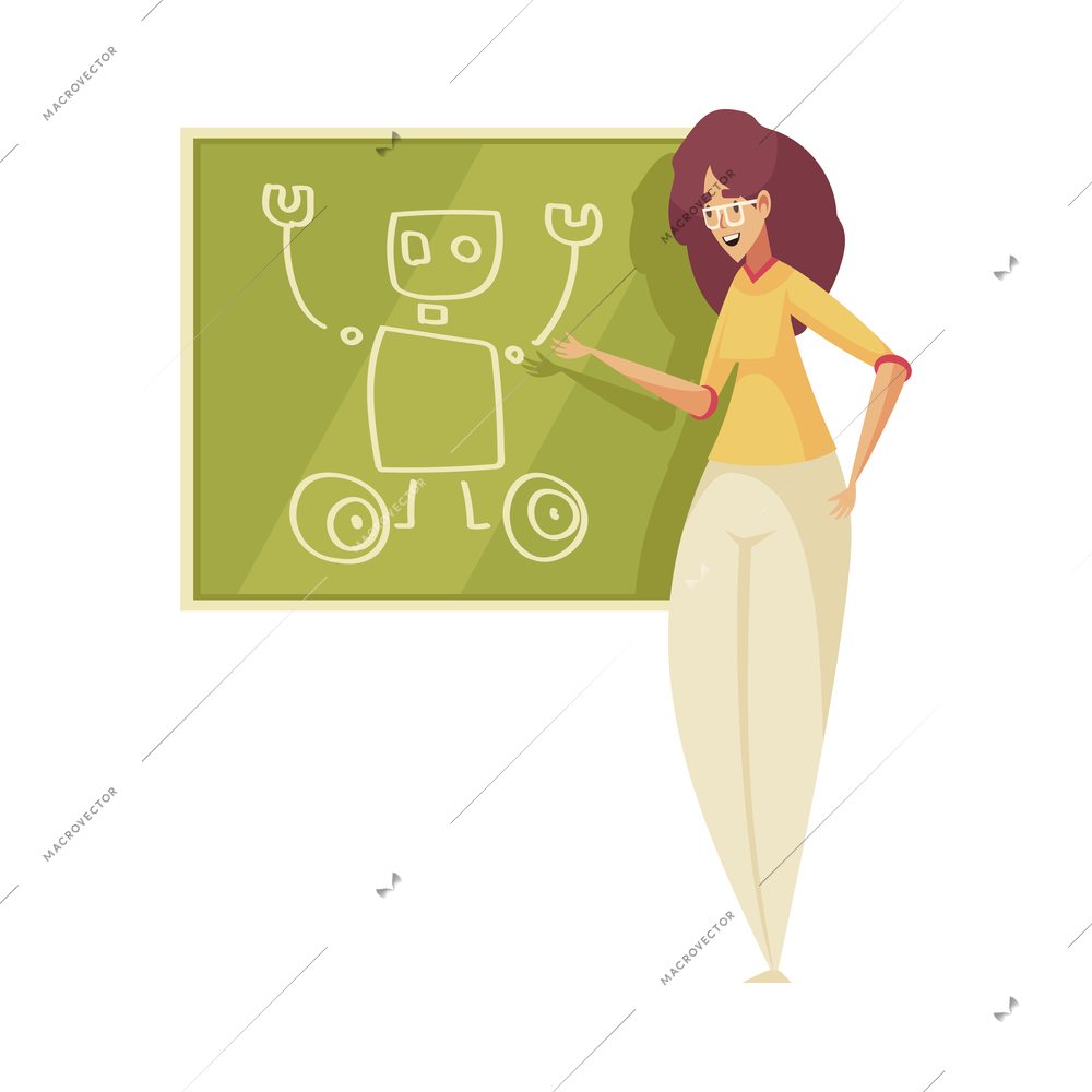 Robotics kids education composition with cartoon character of female teacher at blackboard vector illustration