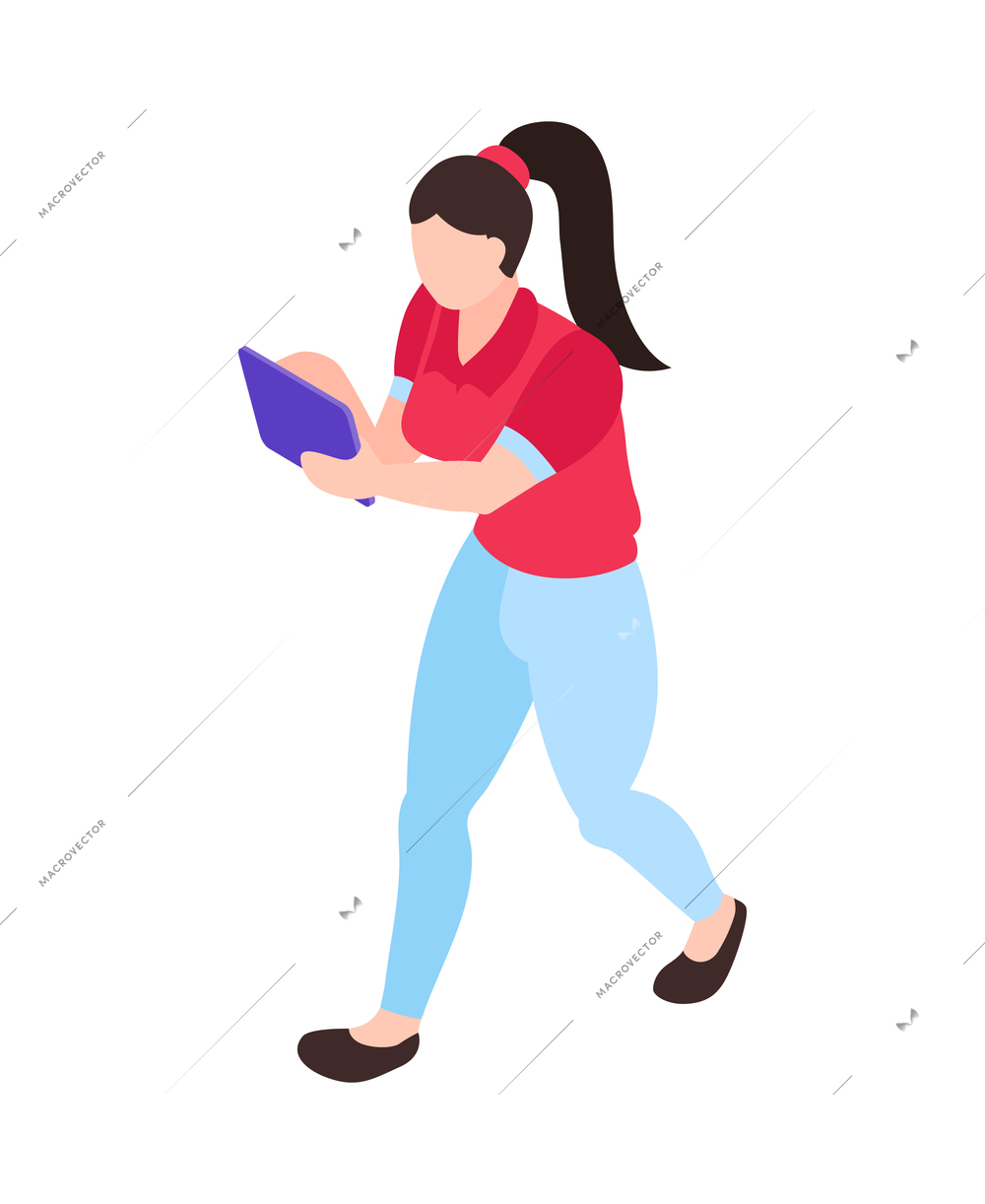 Isometric gadget addiction composition with character of girl staring at tablet on the go vector illustration