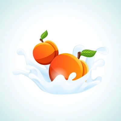 Sweet apricot fruits falling in white milk or cream splash yoghurt concept vector illustration