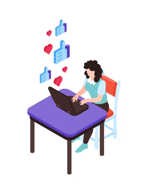 Isometric gadget addiction composition with character of girl at table with laptop with hearts and like icons vector illustration