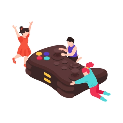 Isometric gadget addiction composition with characters of children with big gamepad vector illustration