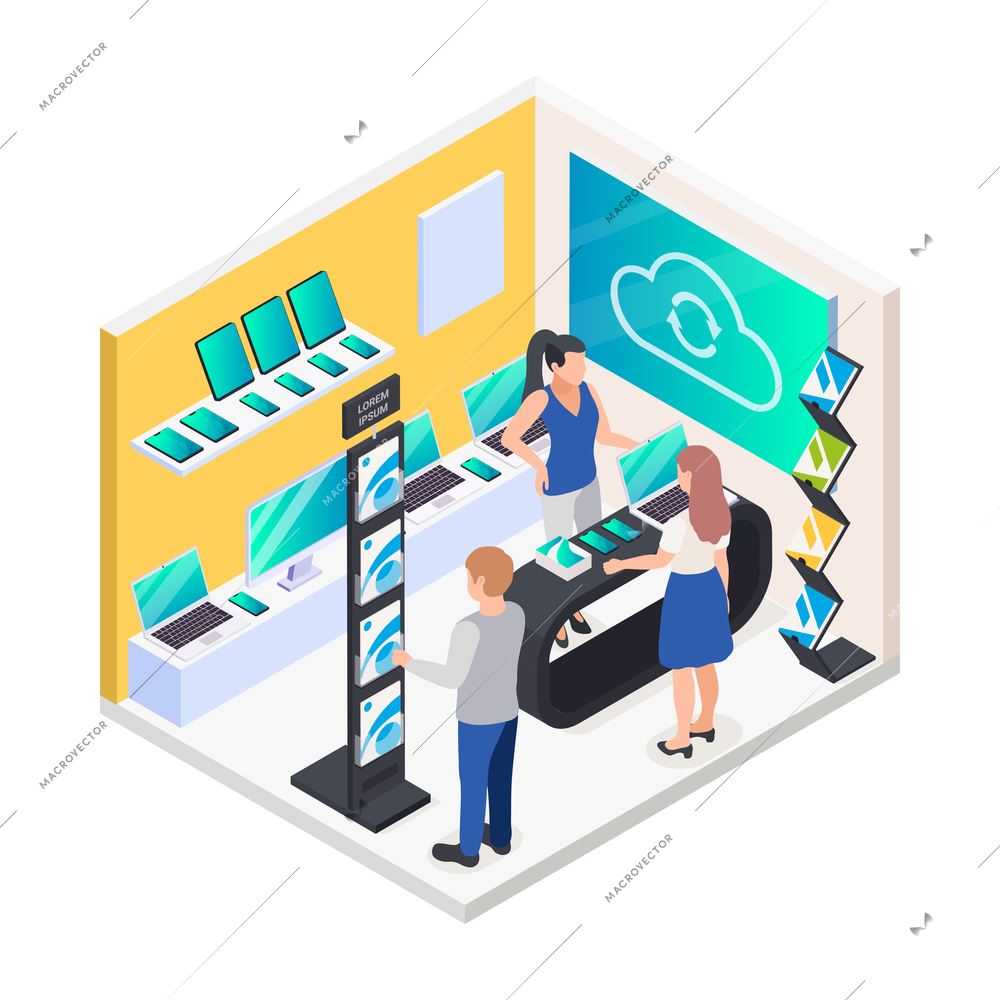 Modern exhibition promotion stands isometric composition with view of booth with gadgets and cloud sign vector illustration