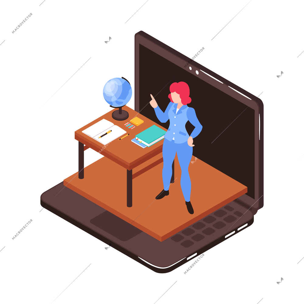 Isometric family homeschooling composition with character of female teacher on top of laptop keyboard vector illustration