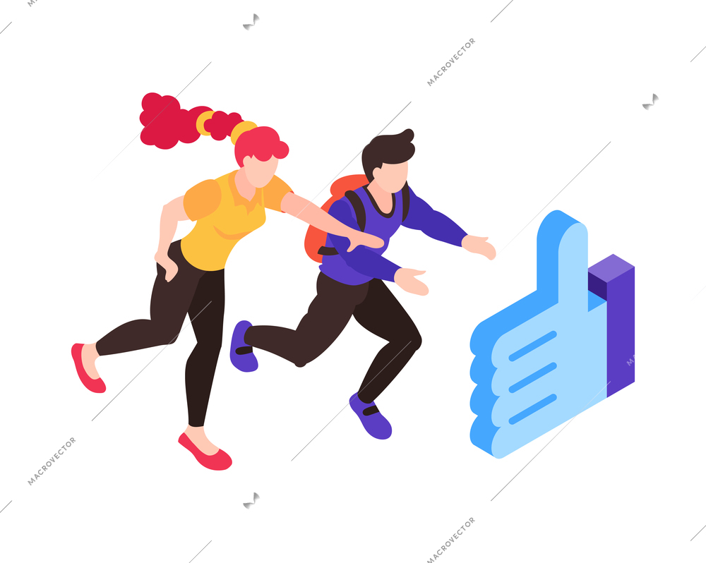 Isometric gadget addiction composition with characters of girl and boy running for social media likes vector illustration