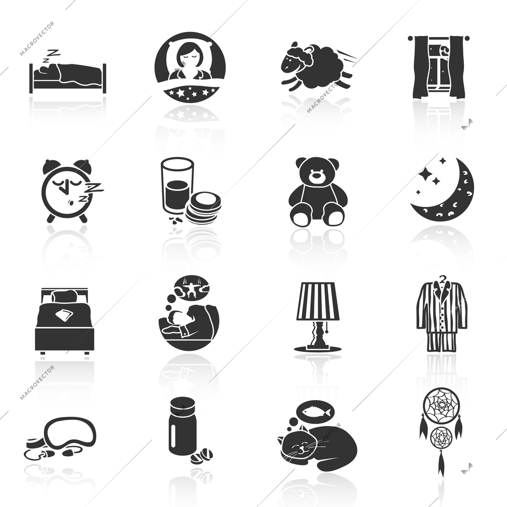 Sleep time icons black set with teddy bear pillow lamp isolated vector illustration