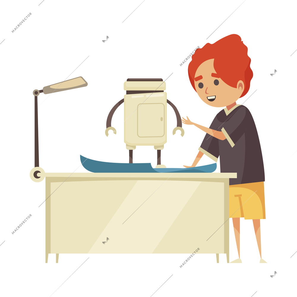 Robotics kids education composition with cartoon character of boy assembling robot at desk vector illustration