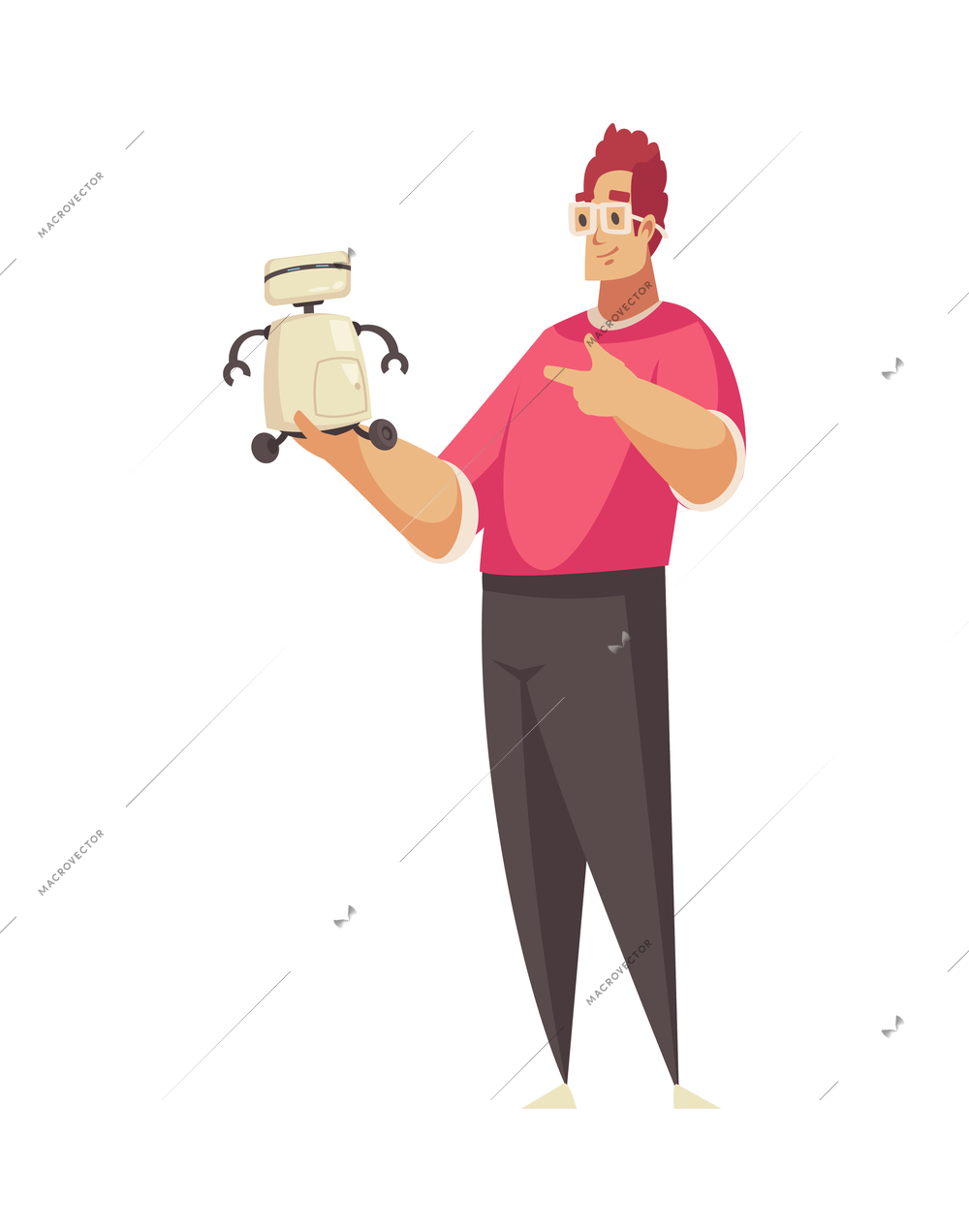 Robotics kids education composition with cartoon character of adult guy looking at toy robot vector illustration