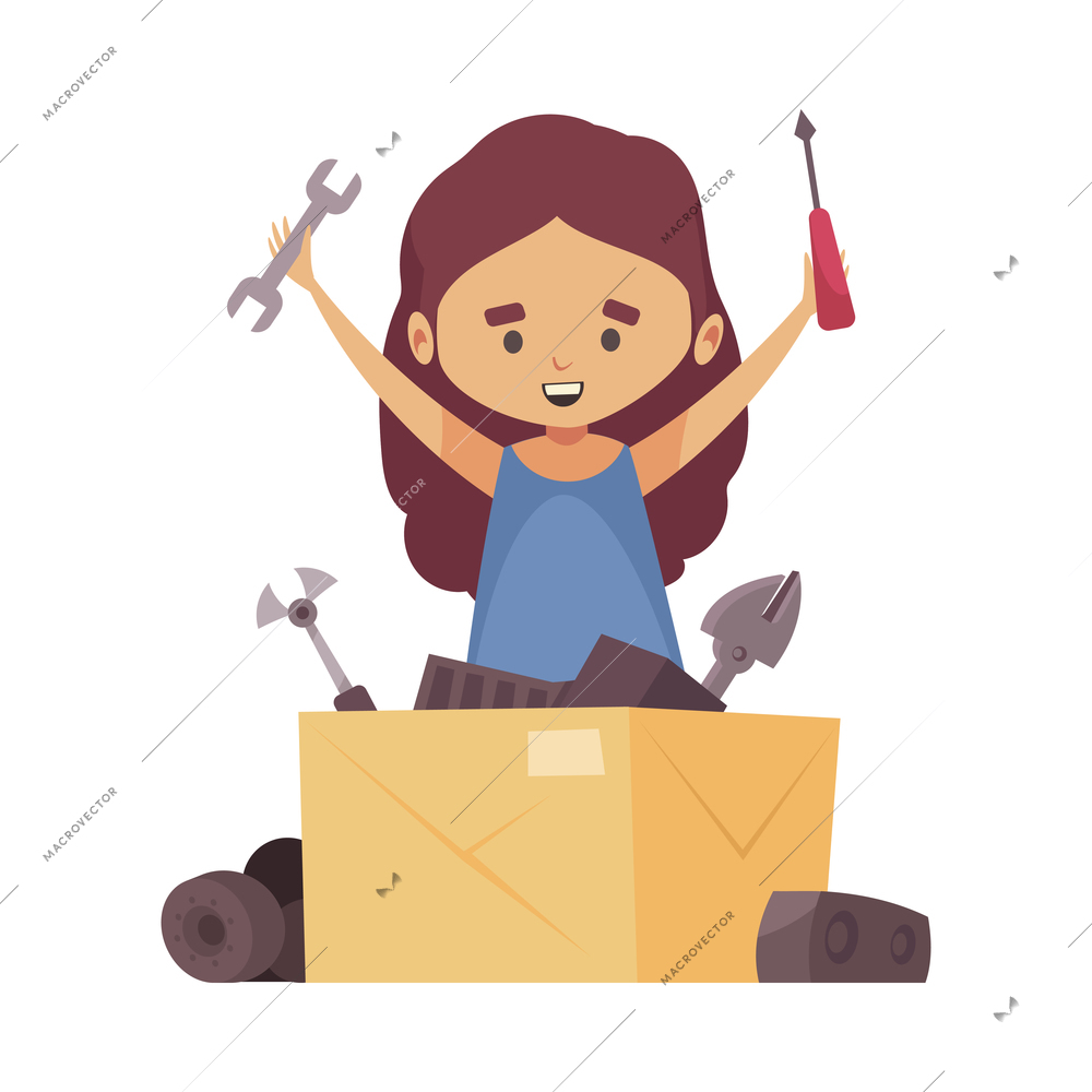 Robotics kids education composition with cartoon character of girl with wrench screwdriver and box with tools vector illustration