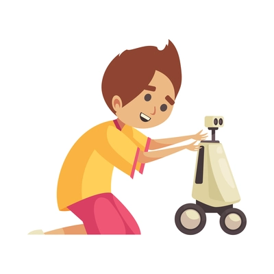 Robotics kids education composition with cartoon character of boy setting up toy robot on wheels vector illustration