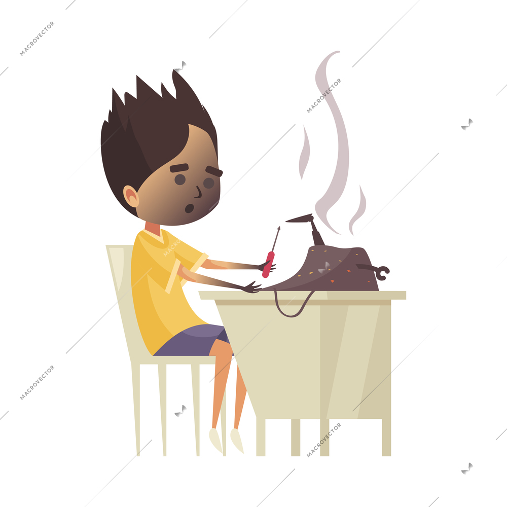 Robotics kids education composition with cartoon character of distracted guy at desk with burned robot vector illustration