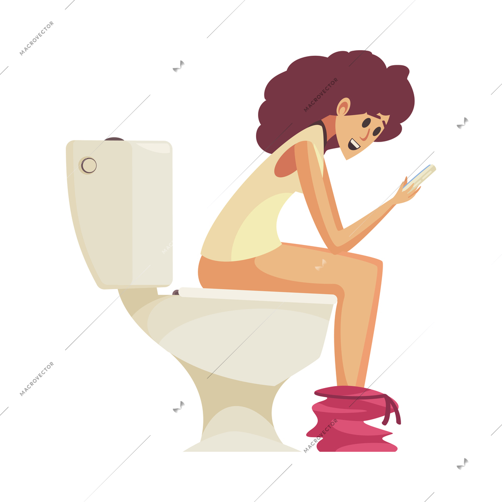 Gadget addiction composition with female character sitting on toilet bowl while chatting in smartphone vector illustration