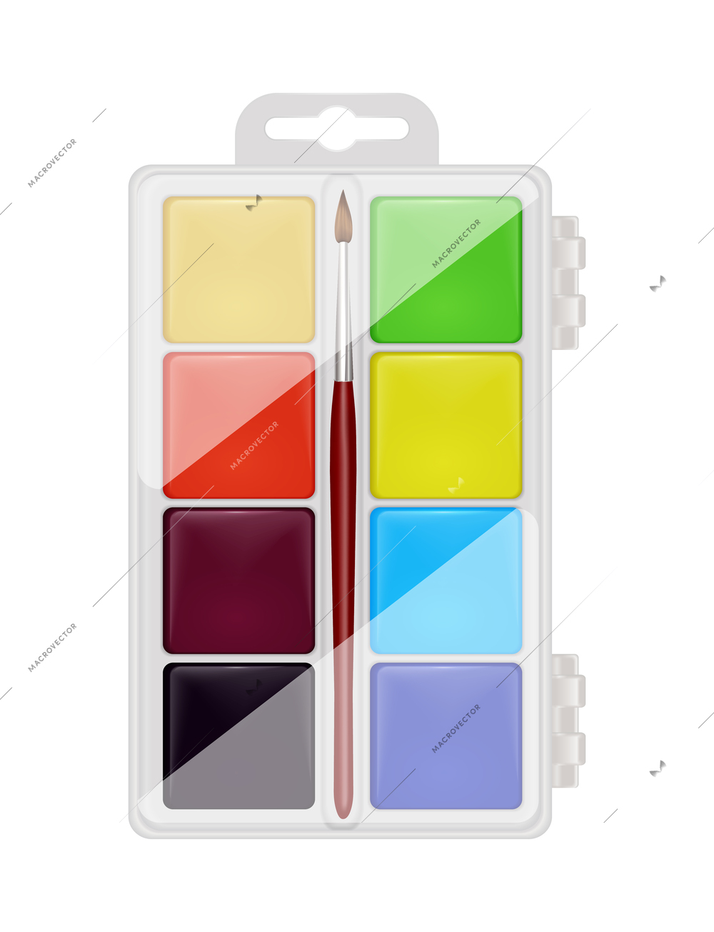 Stationery realistic composition with oil paint set in plastic package box on blank background vector illustration