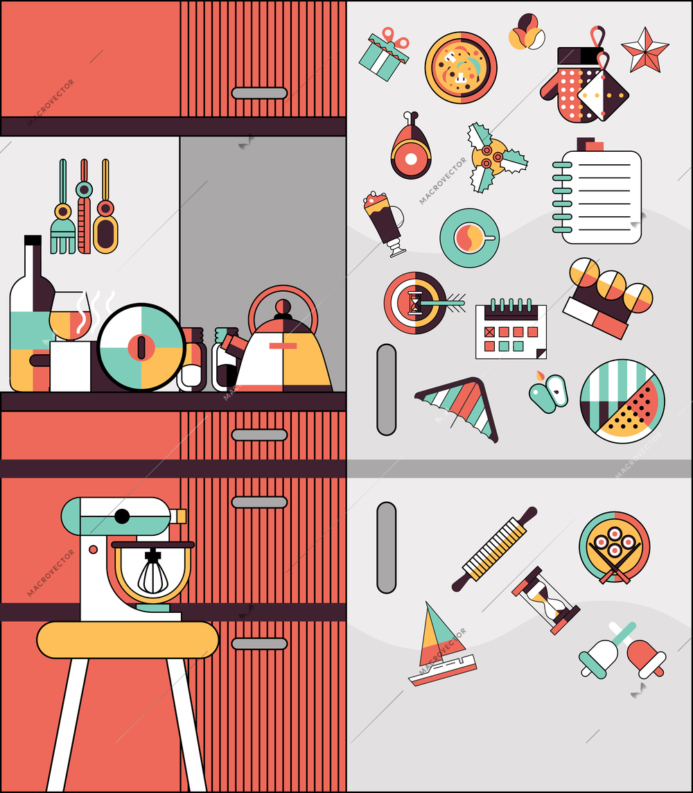 Kitchen interior modern home food cooking flat line design vector illustration