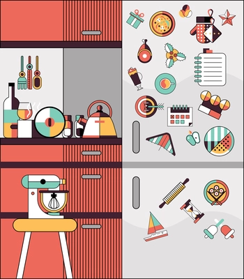 Kitchen interior modern home food cooking flat line design vector illustration