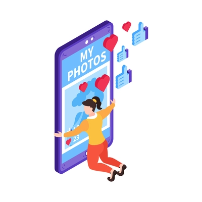 Isometric gadget addiction composition with character of girl hugging smartphone with likes on photo feed vector illustration
