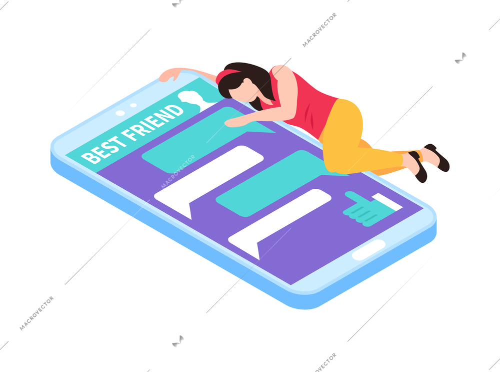 Isometric gadget addiction composition with character of lying woman embracing smartphone with chat app vector illustration