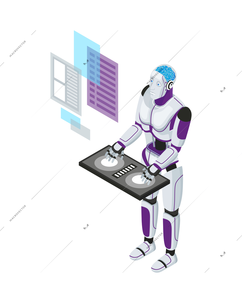 Isometric artificial intelligence composition with isolated image of robot with holographic windows vector illustration