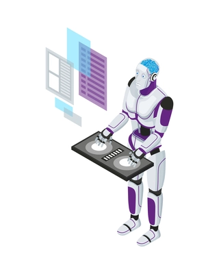 Isometric artificial intelligence composition with isolated image of robot with holographic windows vector illustration