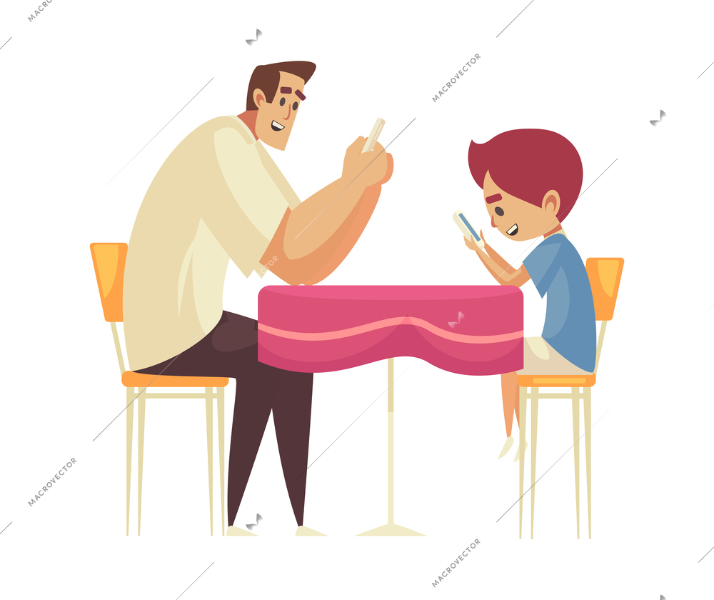 Gadget addiction composition with father and child sitting at dining table while chatting in smartphone vector illustration