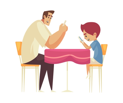 Gadget addiction composition with father and child sitting at dining table while chatting in smartphone vector illustration