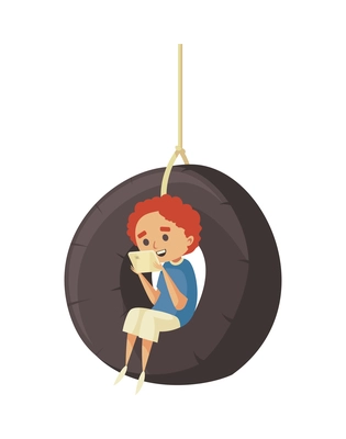 Gadget addiction composition with kid sitting on tire swing while chatting in smartphone vector illustration