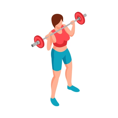 Isometric fitness sport composition with character of female athlete lifting barbells up vector illustration