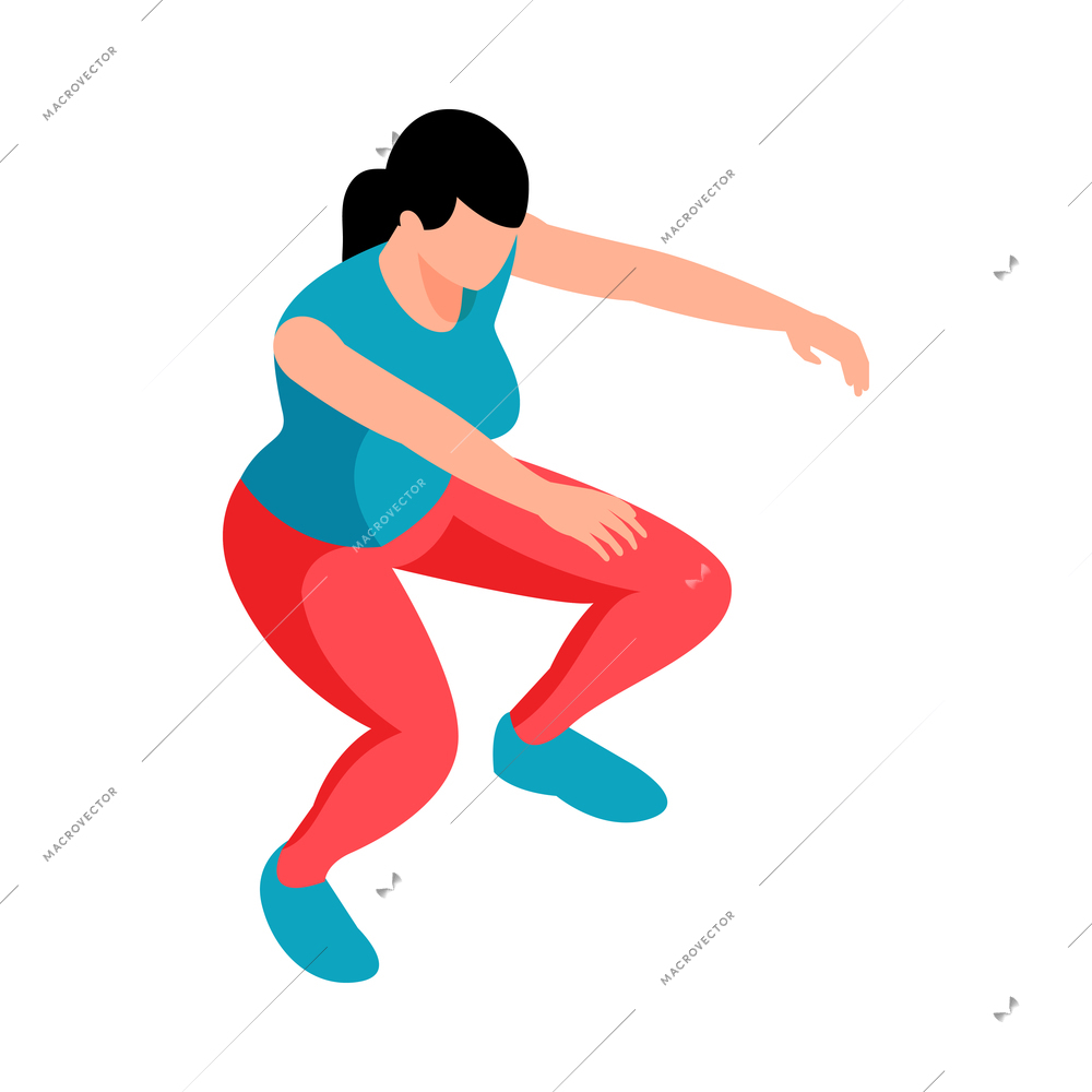 Isometric fitness sport composition with character of crouching female athlete vector illustration