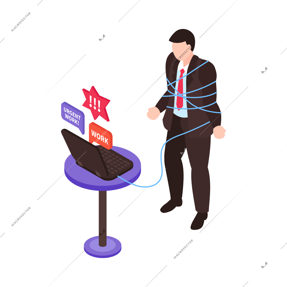 Isometric gadget addiction composition with character of bind business worker with social media pictograms vector illustration