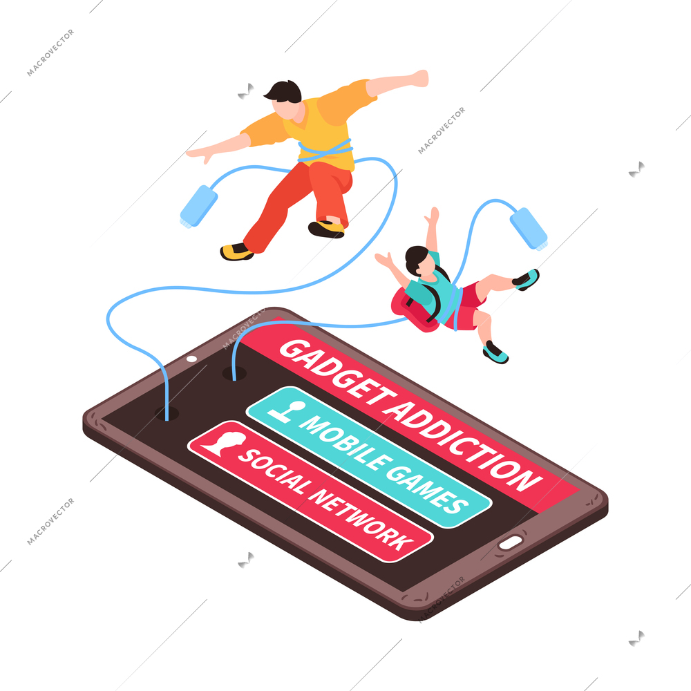 Isometric gadget addiction composition with characters of teens bind with wires off smartphone screen vector illustration