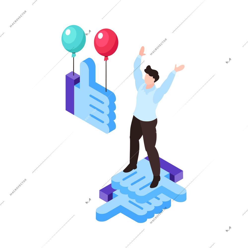 Isometric gadget addiction composition with character of happy man presented with social network likes vector illustration