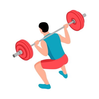 Isometric fitness sport composition with character of male athlete practicing with barbells vector illustration