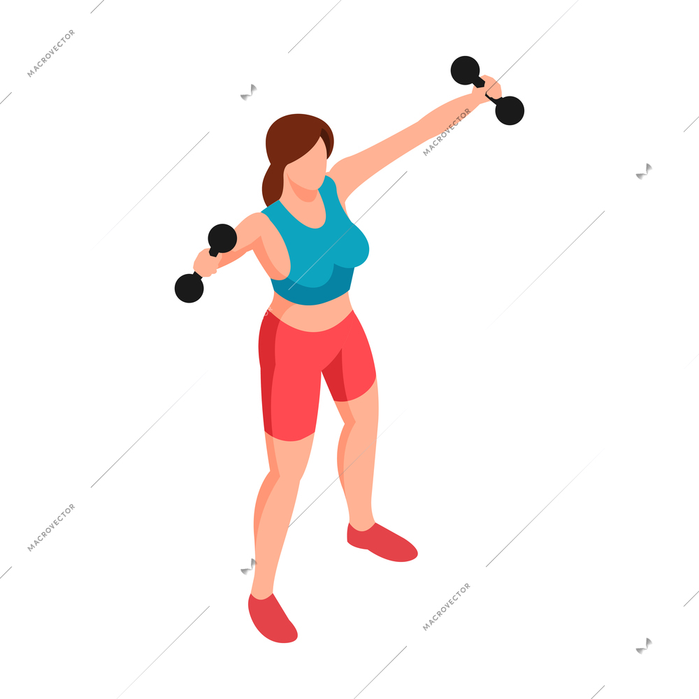 Isometric fitness sport composition with character of female athlete practicing with dumbbells vector illustration