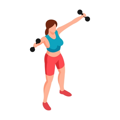 Isometric fitness sport composition with character of female athlete practicing with dumbbells vector illustration