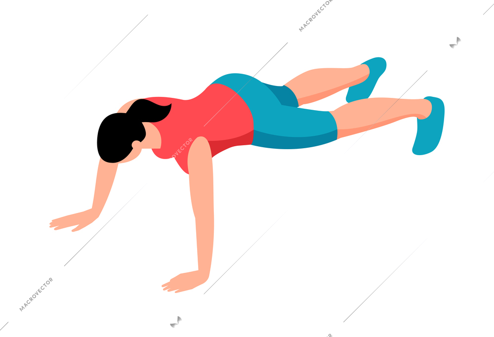 Isometric fitness sport composition with character of female athlete doing push ups vector illustration