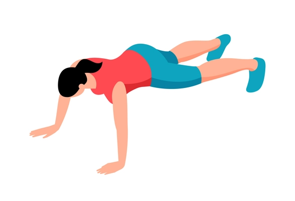 Isometric fitness sport composition with character of female athlete doing push ups vector illustration