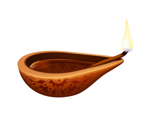 Diwali realistic composition with isolated image of traditional oil candle with flame vector illustration