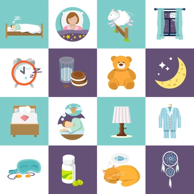 Sleep time icons flat set with bed alarm clock mask isolated vector illustration.