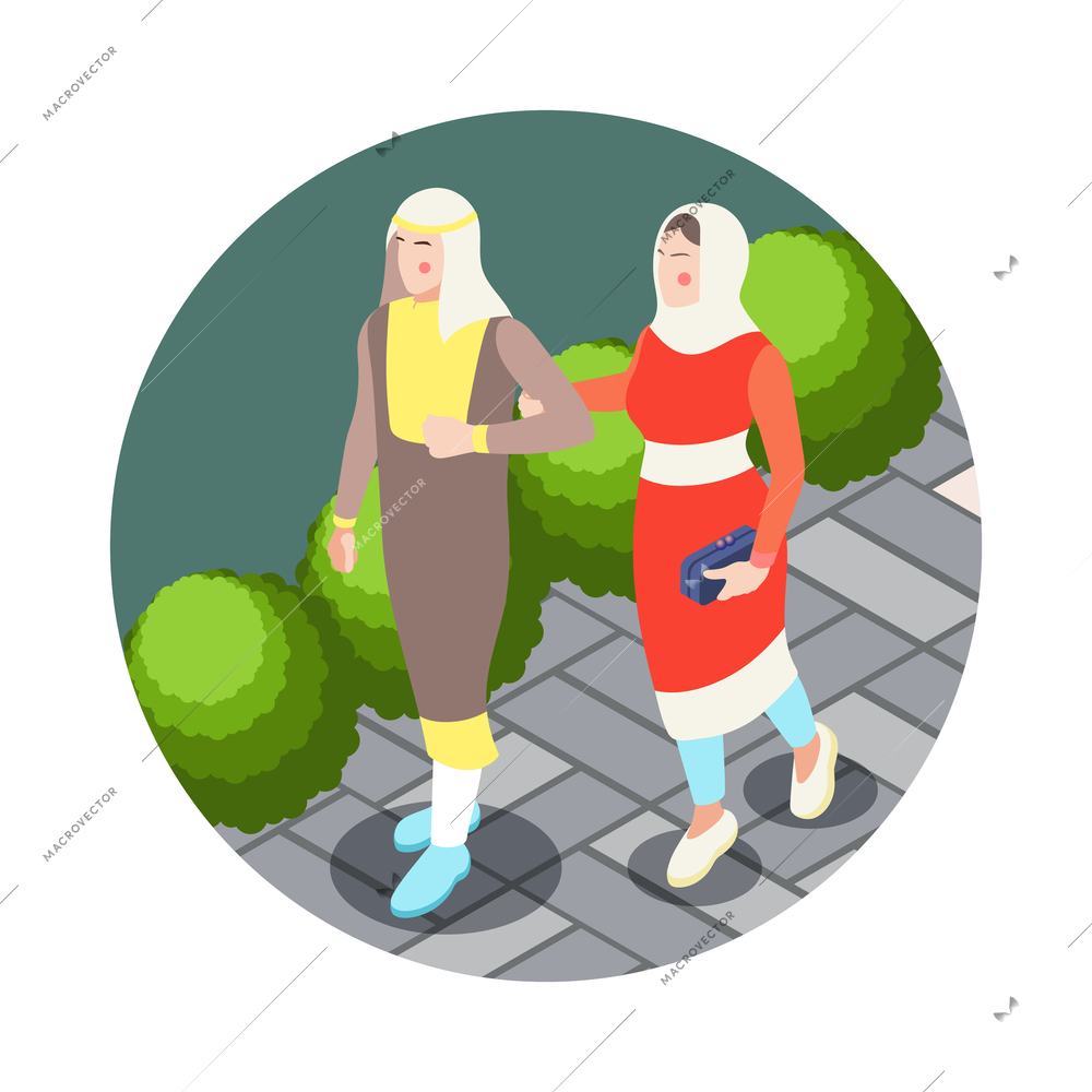 Modern arab muslims saudi people round composition with view of muslim couple walking down street vector illustration