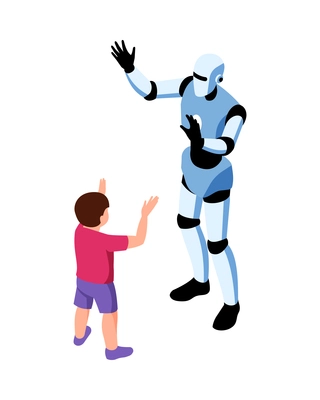 Isometric robotics kids education composition with characters of teenage boy and toy robot raising hands vector illustration