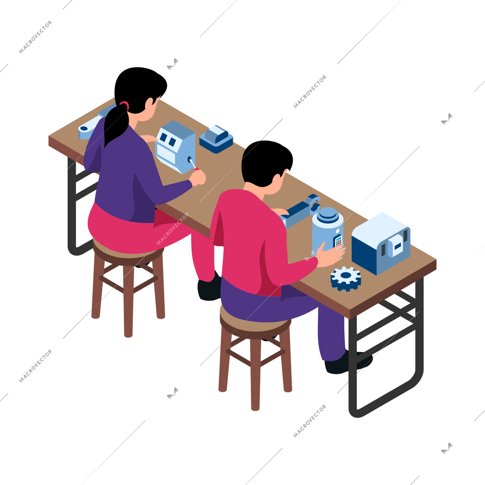 Isometric robotics kids education composition with characters of teenage boy and girl assembling robot parts vector illustration