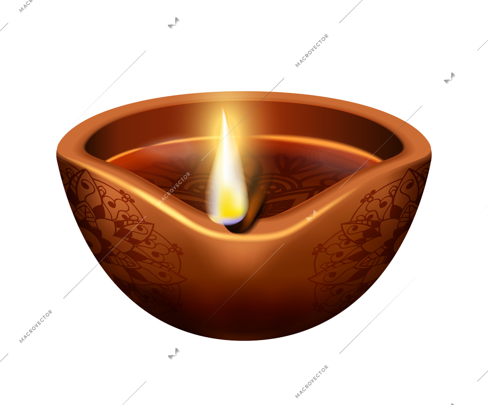 Diwali realistic composition with isolated image of traditional oil candle with flame vector illustration