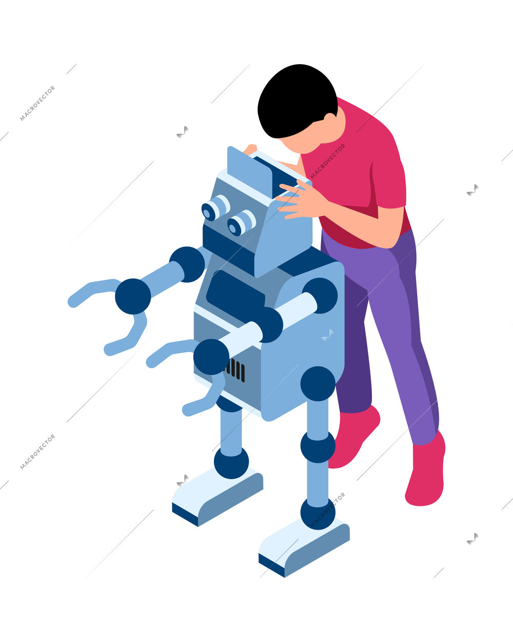 Isometric robotics kids education composition with characters of teenage boy and toy robot vector illustration