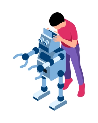 Isometric robotics kids education composition with characters of teenage boy and toy robot vector illustration