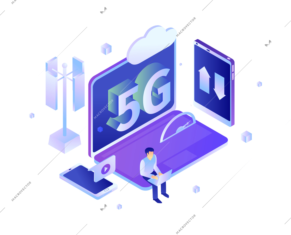 Isometric 5g internet technology composition with icons of electronic devices and gadgets with user character vector illustration