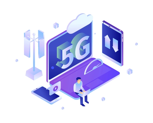 Isometric 5g internet technology composition with icons of electronic devices and gadgets with user character vector illustration