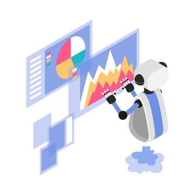 Isometric robotic process automation composition with character of robot and screens with graphs vector illustration